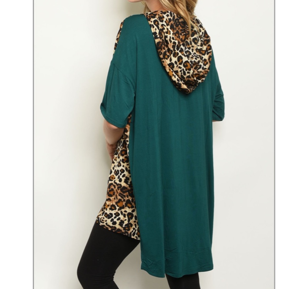 Leopard print/emerald green hooded tunic top - Picture 1 of 5